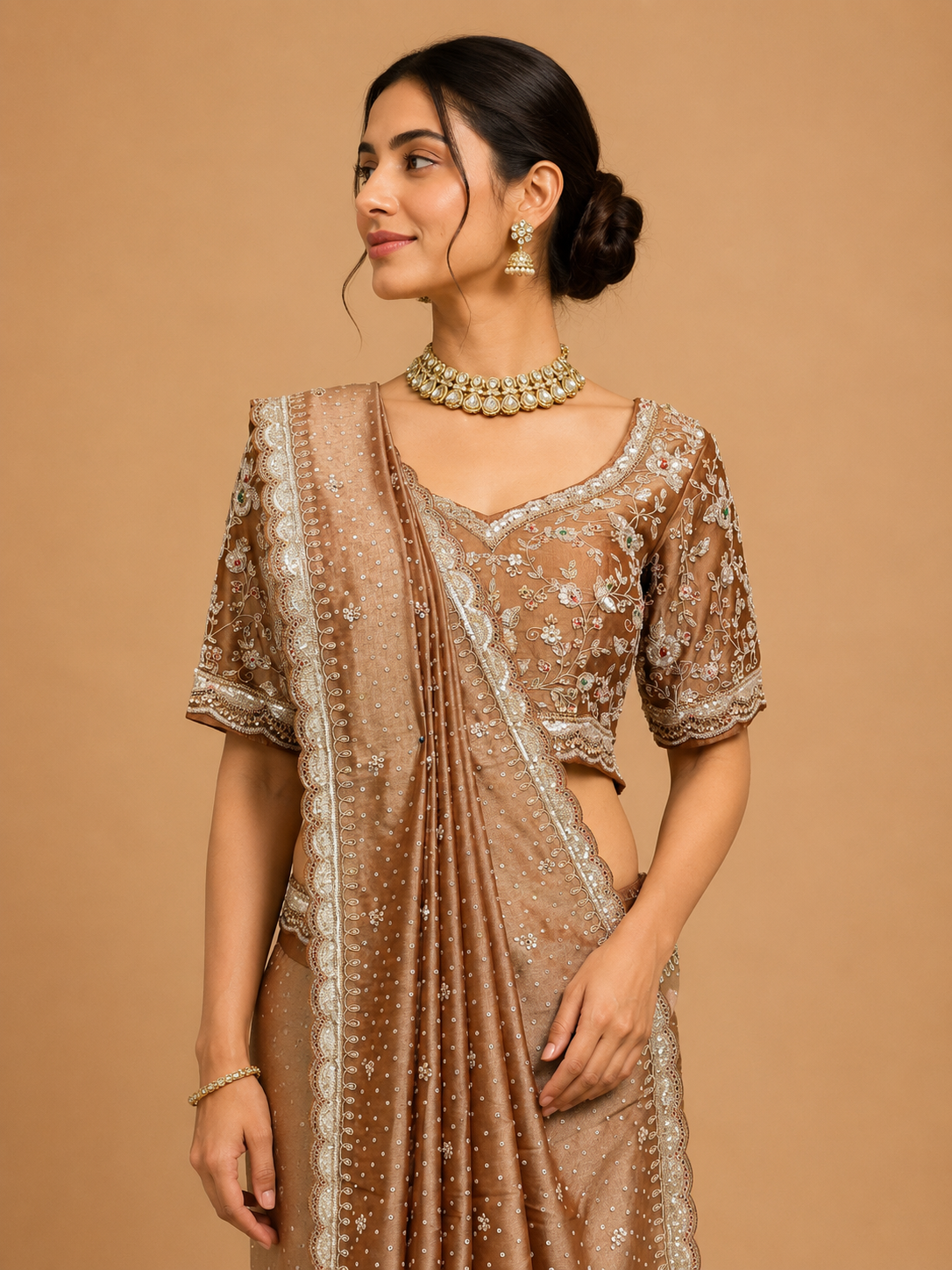 Mocha Brown Embellished Saree