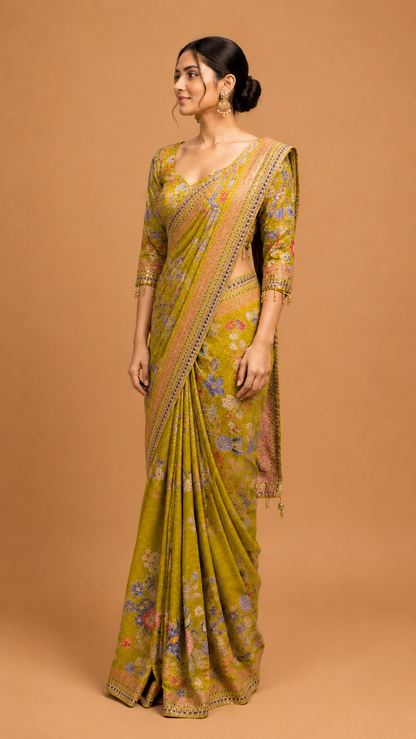 Mustard Yellow Floral Saree