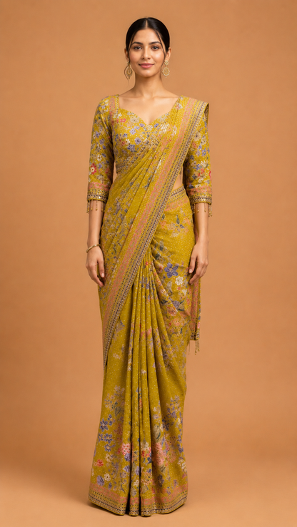 Mustard Yellow Floral Saree
