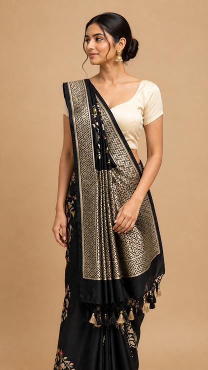 Black Floral Woven Saree