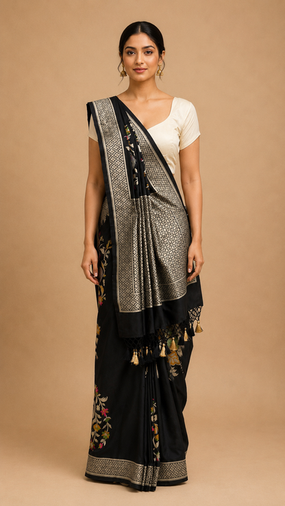 Black Floral Woven Saree