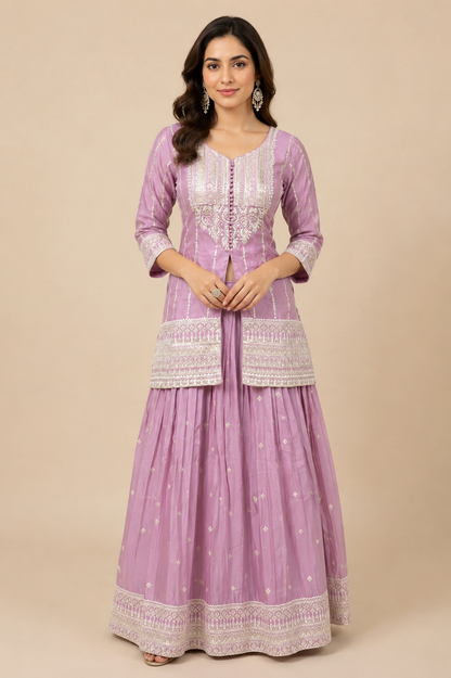 Lilac Embroidered Kurta Sharara Set