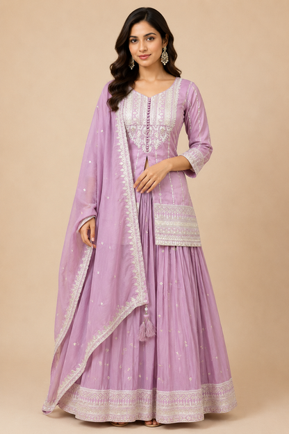 Lilac Embroidered Kurta Sharara Set