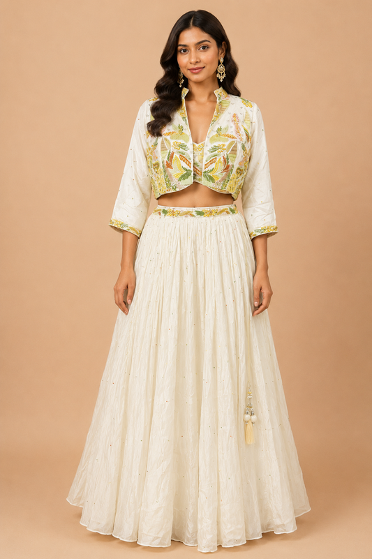 Ivory Embroidered Jacket Lehenga Set