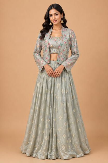 Sage Green Embroidered Jacket Lehenga Set