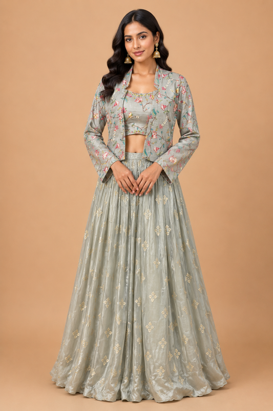 Sage Green Embroidered Jacket Lehenga Set