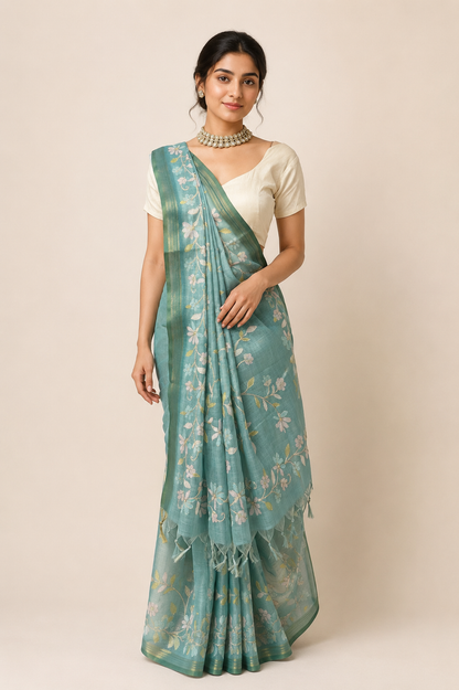 Sea Green Floral Saree