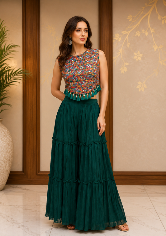 Emerald Green Kutchi Embroidered Sharara Set