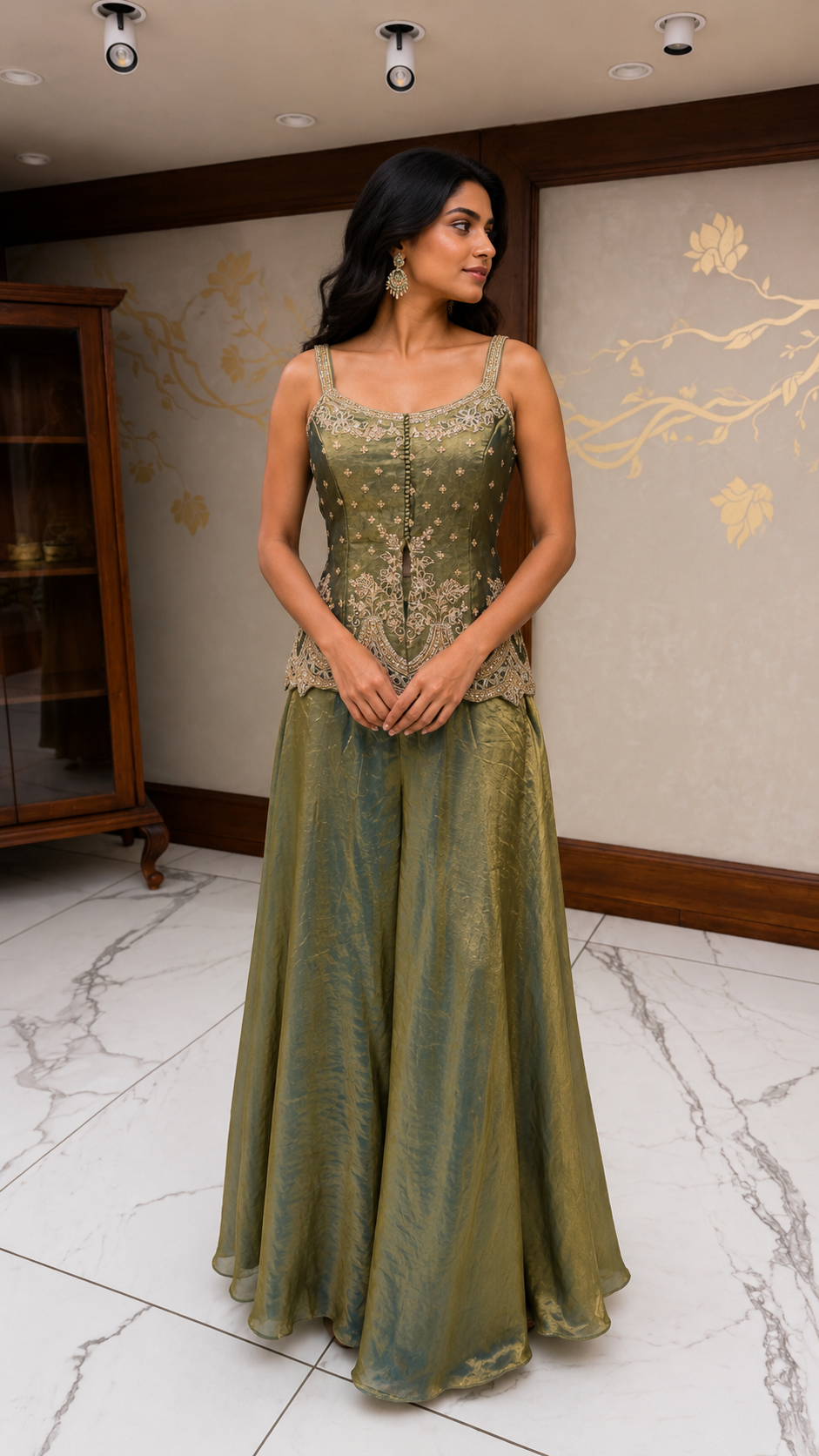Olive Green Embroidered Sharara Set