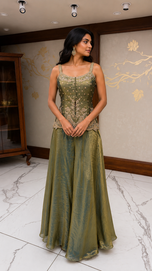 Olive Green Embroidered Sharara Set