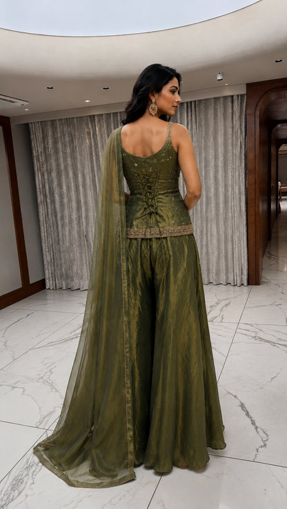 Olive Green Embroidered Sharara Set