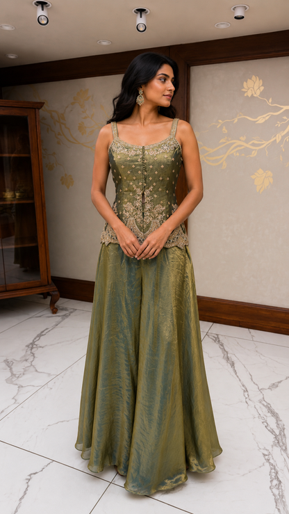 Olive Green Embroidered Sharara Set