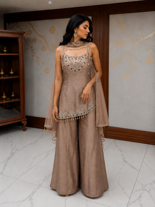 Taupe Brown Mirror Work Co-Ord Set