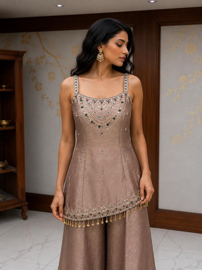 Taupe Brown Mirror Work Co-Ord Set
