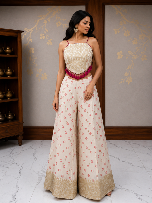 Ivory Printed Bustier Co-Ord Set with Organza Dupatta