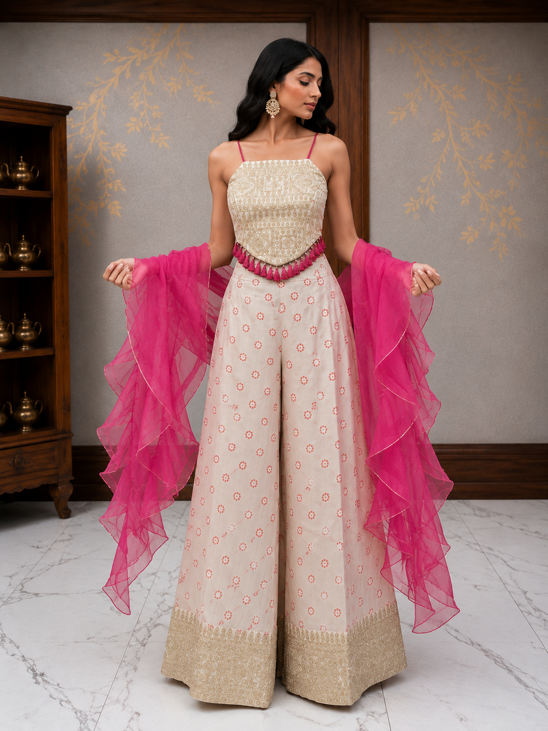 Ivory Printed Bustier Co-Ord Set with Organza Dupatta