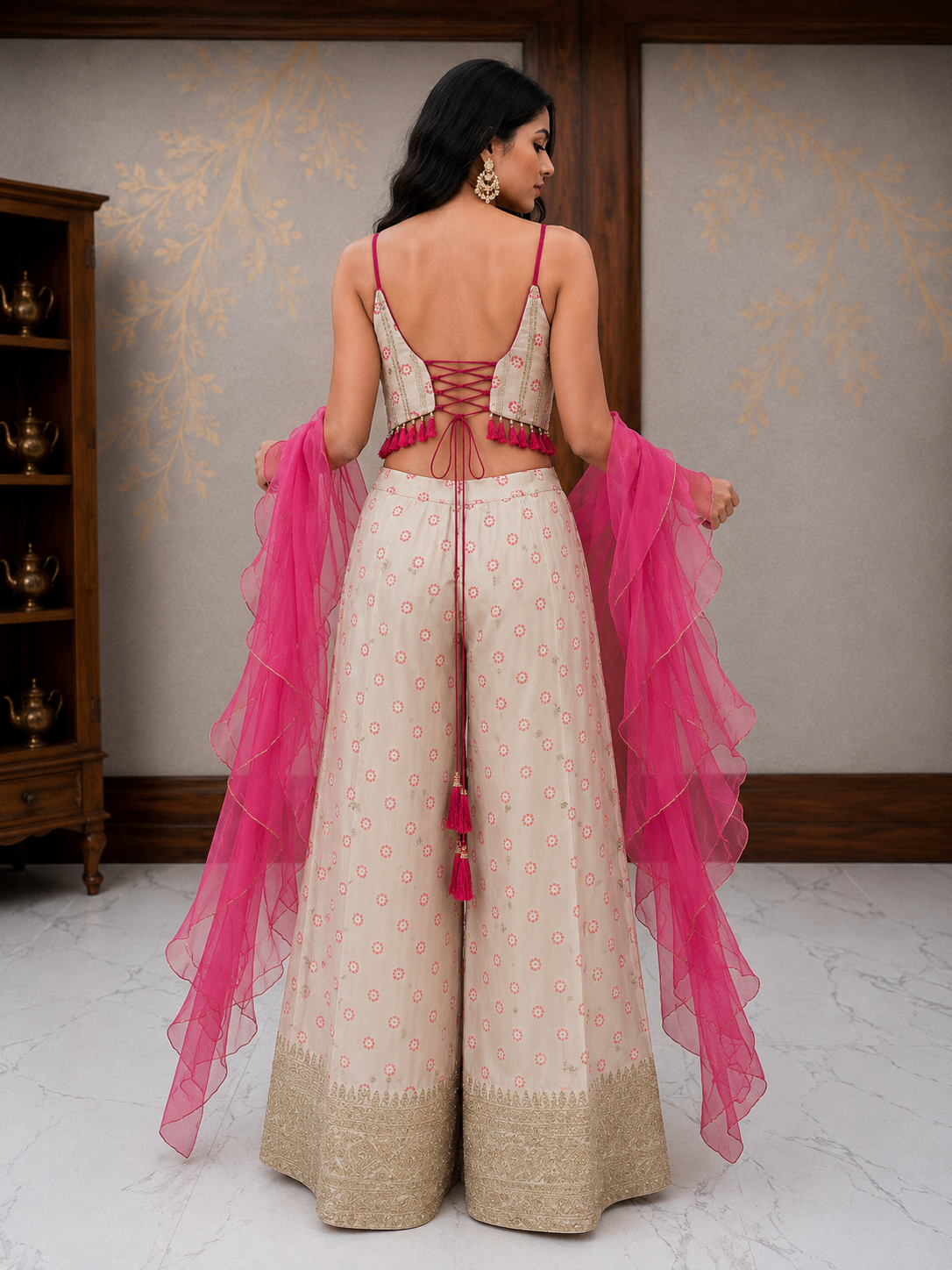 Ivory Printed Bustier Co-Ord Set with Organza Dupatta