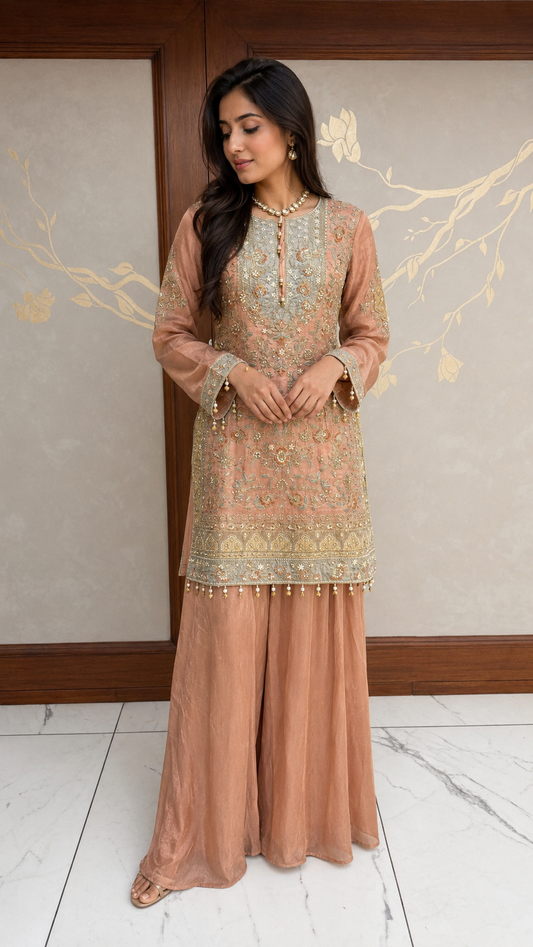 Blush Peach Embroidered Kurta Palazzo Set