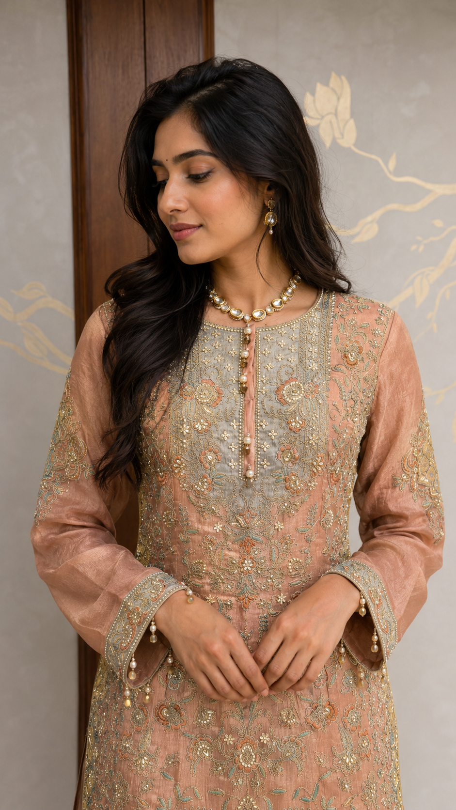 Blush Peach Embroidered Kurta Palazzo Set