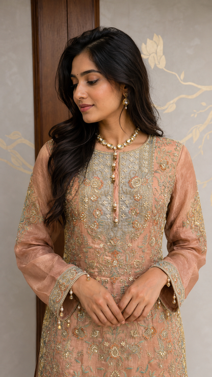 Blush Peach Embroidered Kurta Palazzo Set