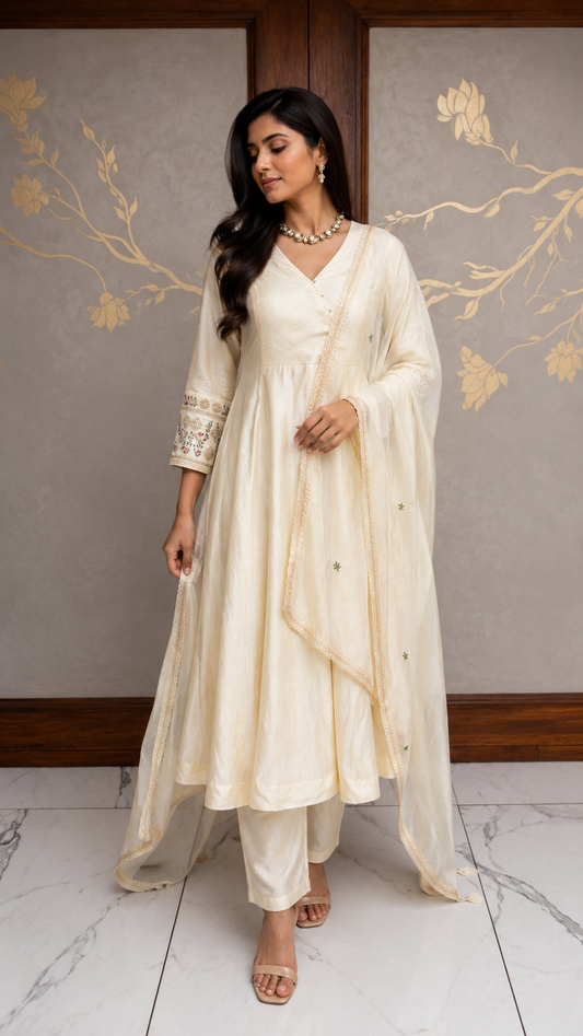 Off White Resham Silk Dress