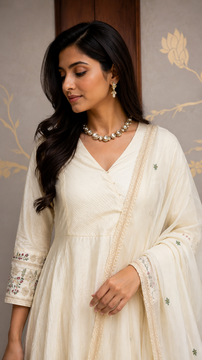 Off White Resham Silk Dress