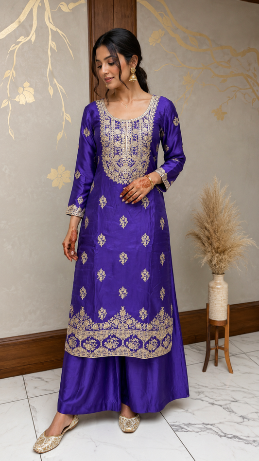 Royal Purple Embroidered Kurta Palazzo Set with Yellow Dupatta
