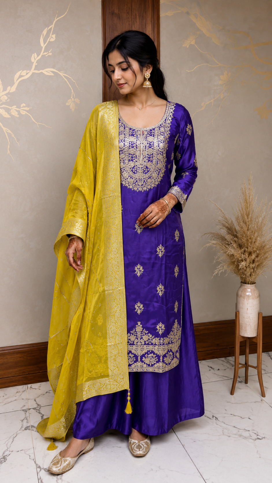 Royal Purple Embroidered Kurta Palazzo Set with Yellow Dupatta