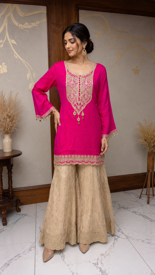Rani Pink Embroidered Kurta with Ivory Sharara