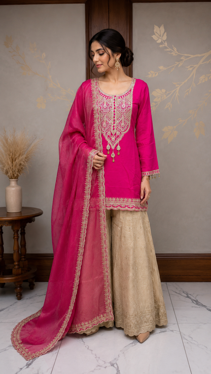 Rani Pink Embroidered Kurta with Ivory Sharara