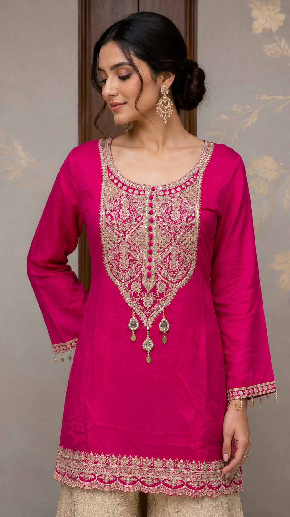 Rani Pink Embroidered Kurta with Ivory Sharara