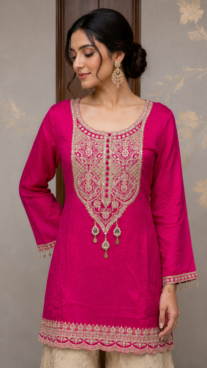 Rani Pink Embroidered Kurta with Ivory Sharara