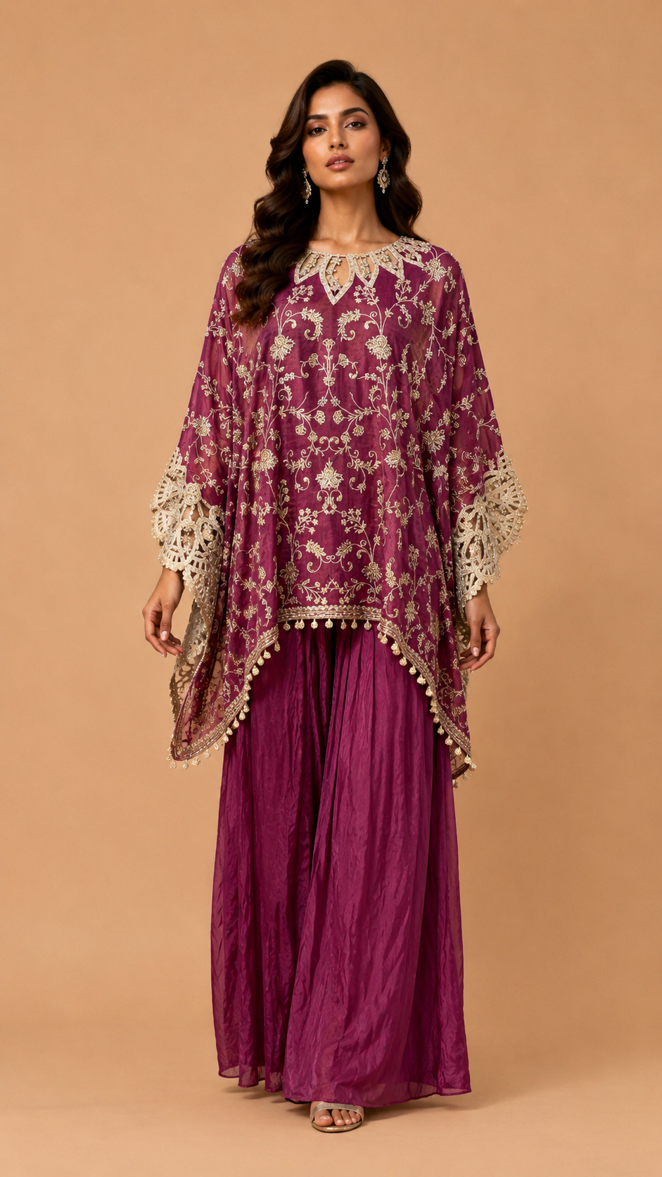 Wine Embroidered Kaftan Co-ord Set