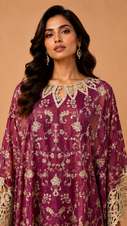 Wine Embroidered Kaftan Co-ord Set