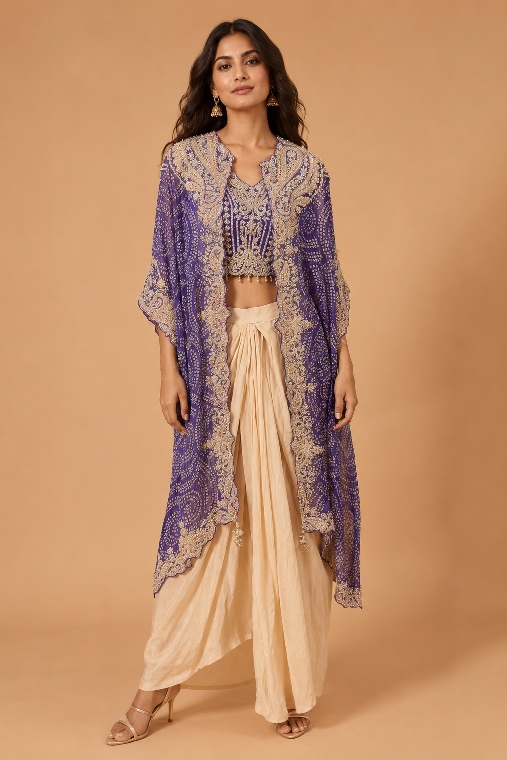 Royal Purple Embroidered Cape Co-ord Set
