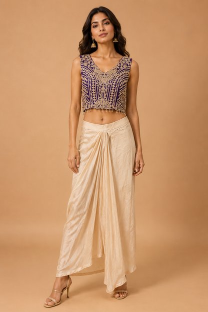 Royal Purple Embroidered Cape Co-ord Set