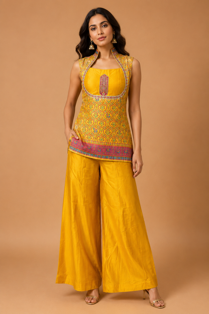 Mustard Yellow Printed Jacket Co-ord Set