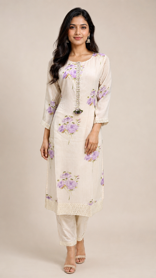 Ivory Floral Printed Kurta Set