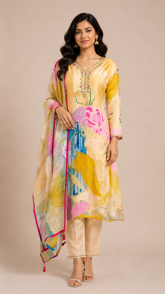 Butter Yellow Floral Printed Suit Set