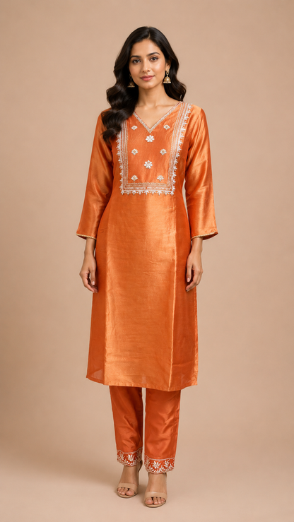 Rust Orange Embroidered Kurta Set
