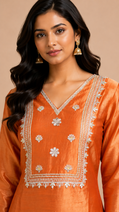 Rust Orange Embroidered Kurta Set