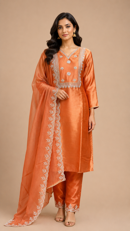 Rust Orange Embroidered Kurta Set