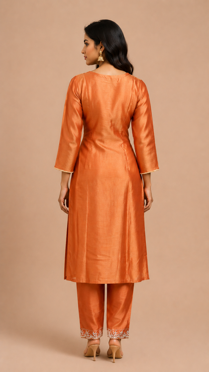 Rust Orange Embroidered Kurta Set