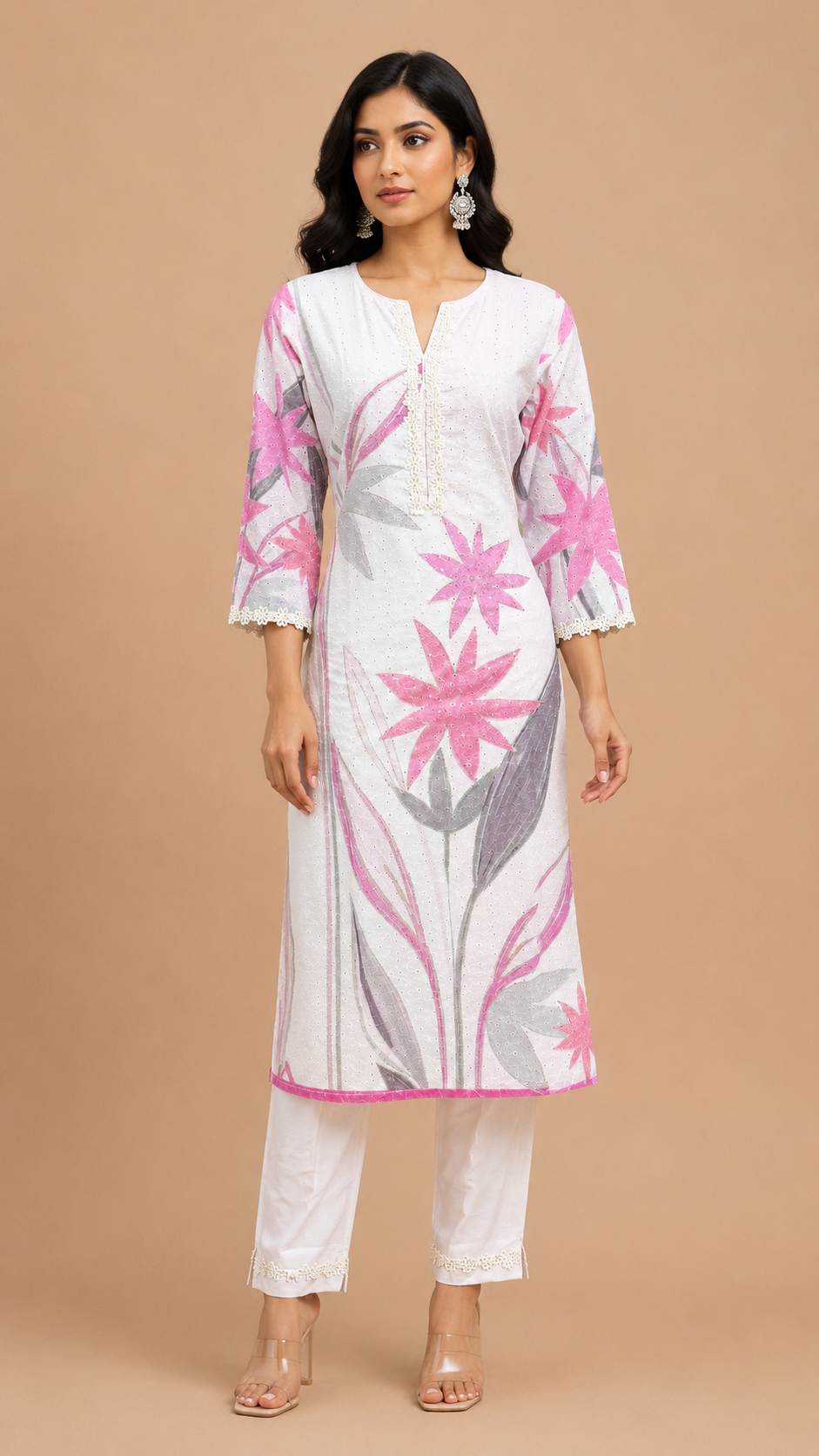 White Floral Printed Kurta Set