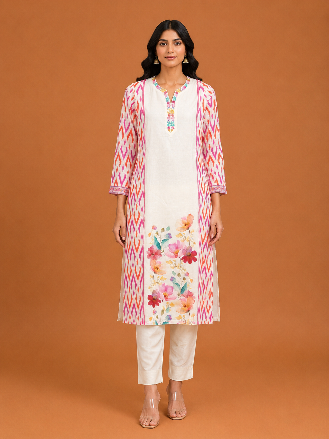 Ivory Ikat Floral Kurta Set