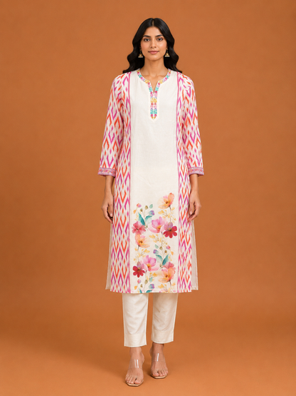 Ivory Ikat Floral Kurta Set