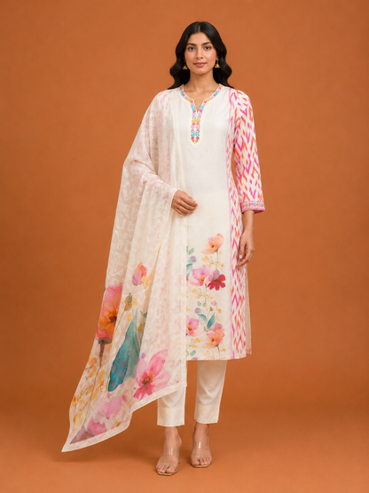 Ivory Ikat Floral Kurta Set