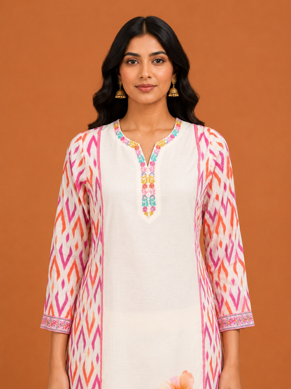 Ivory Ikat Floral Kurta Set