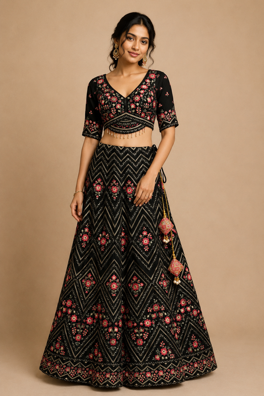 Gulnaar Black Floral Lehenga