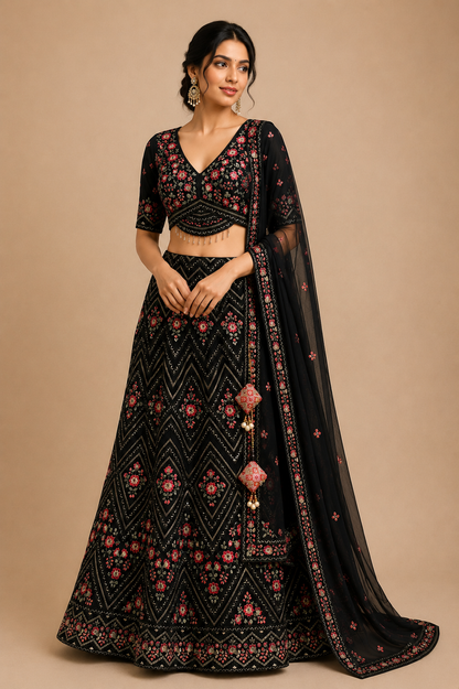 Gulnaar Black Floral Lehenga